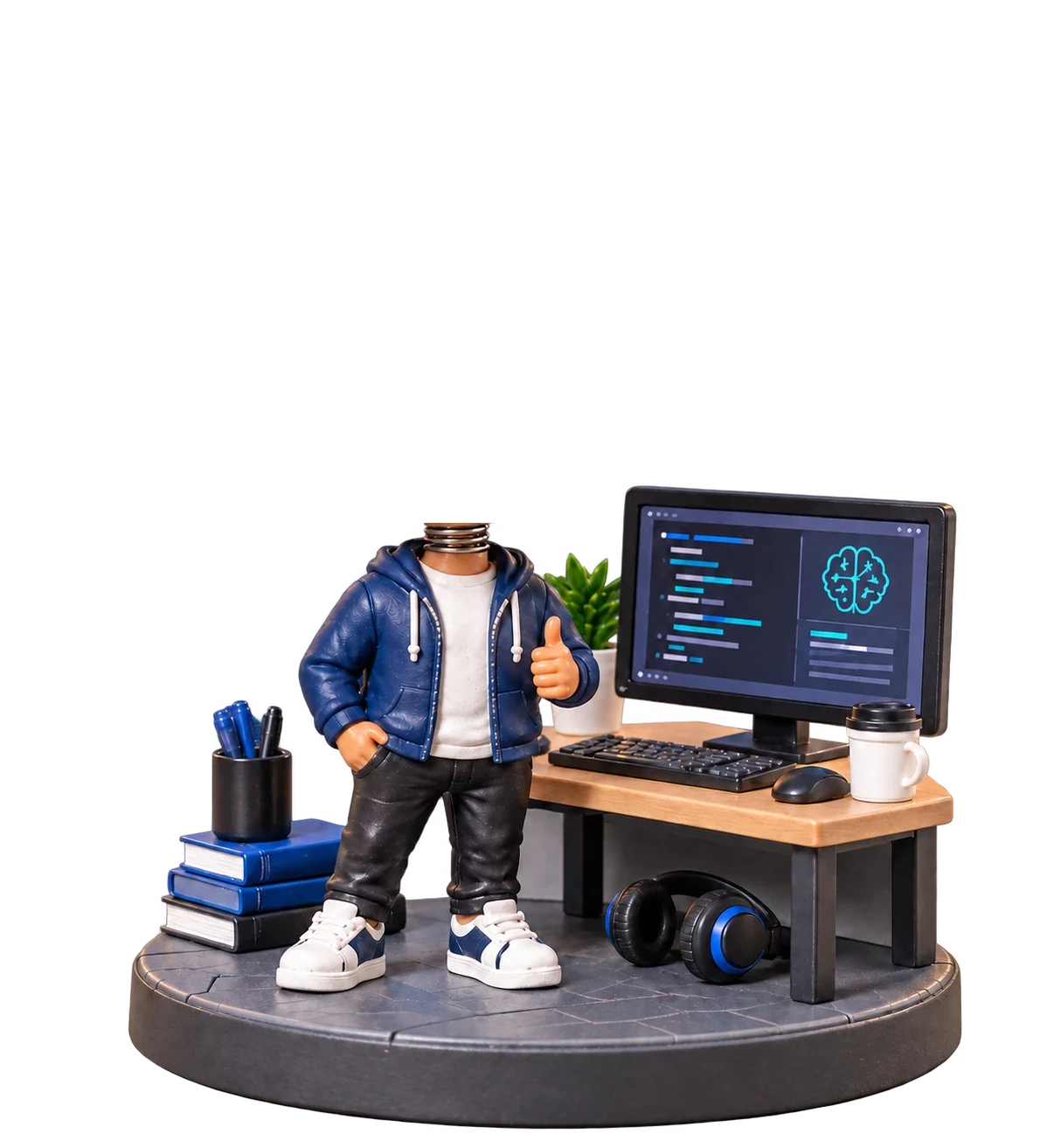 Mahmoud Bassuoni as a bobblehead figure at his desk