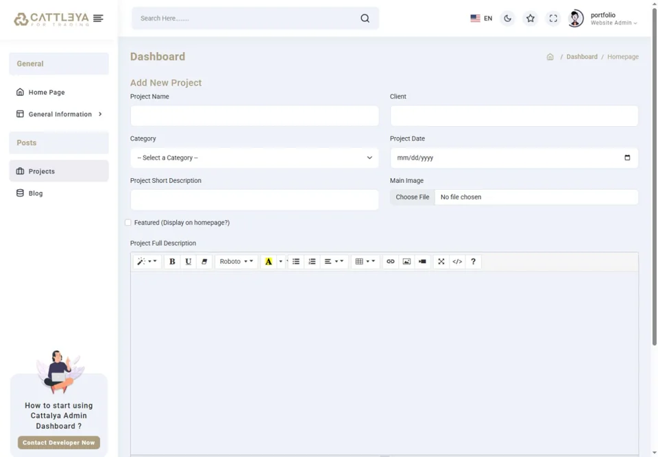 Add-project form in the editor — real screen