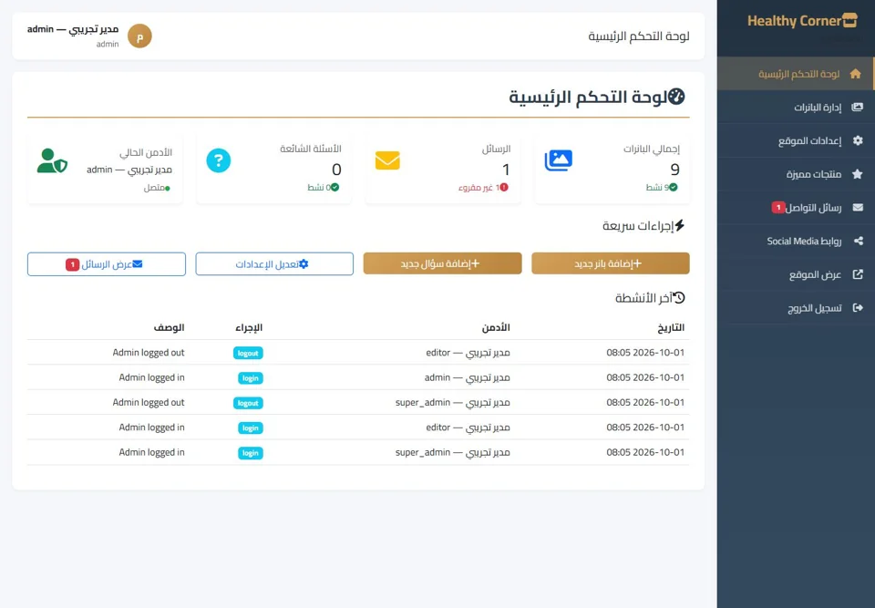 Administrator dashboard and activity log — real screen