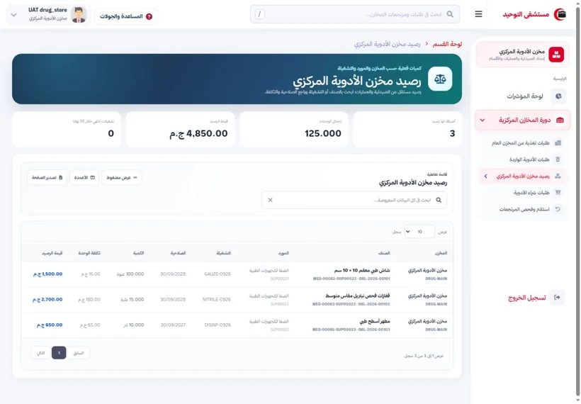 Central drug warehouse balances — real screen from the Al-Tawheed Hospital System