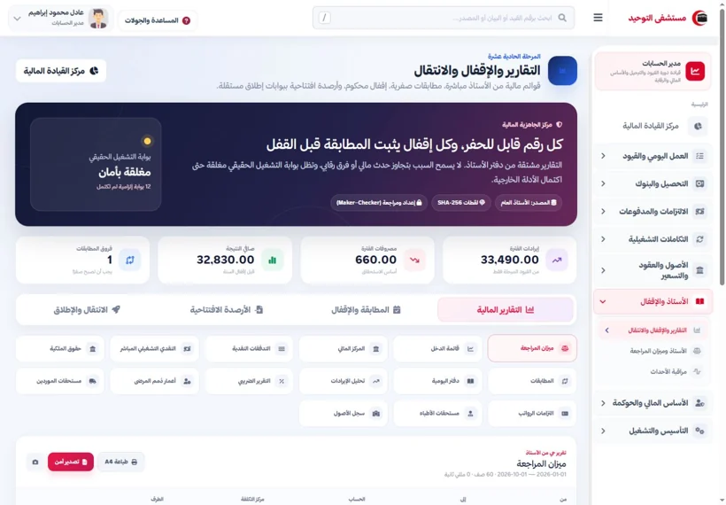 Financial reports and period close — real screen from the Al-Tawheed Hospital System
