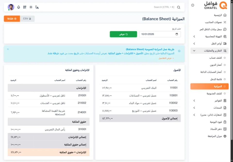 Balance sheet from posted entries— real screen